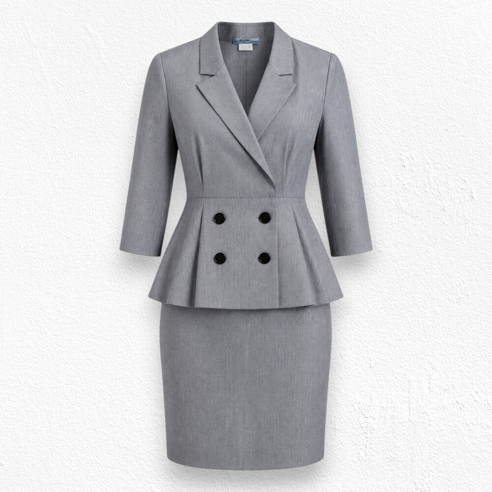 Vintage 80s Gray Peplum Pencil Dress Size 14P Career Power Secretary Chic Dress